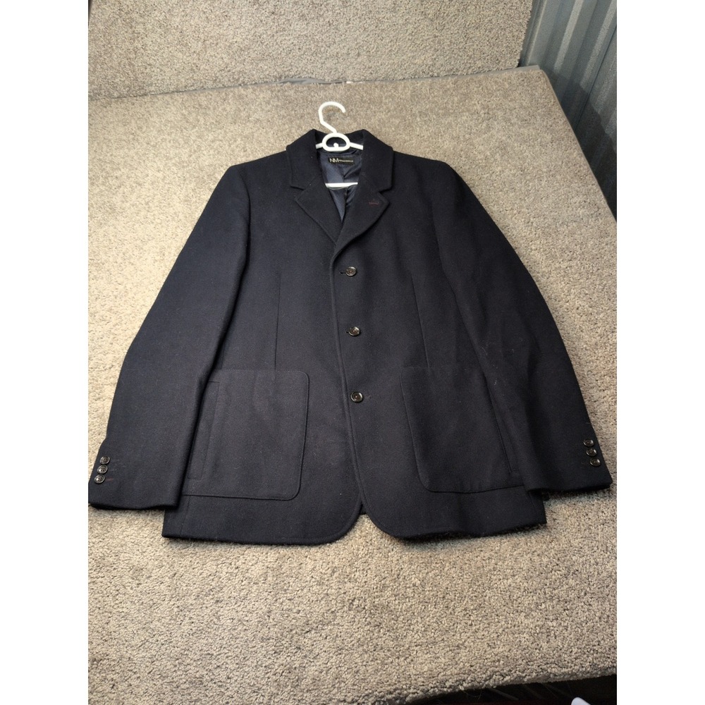 Neiman Marcus Mens Wool Blend 3-Button Blazer Navy Blue L Patch Pockets Jacket
